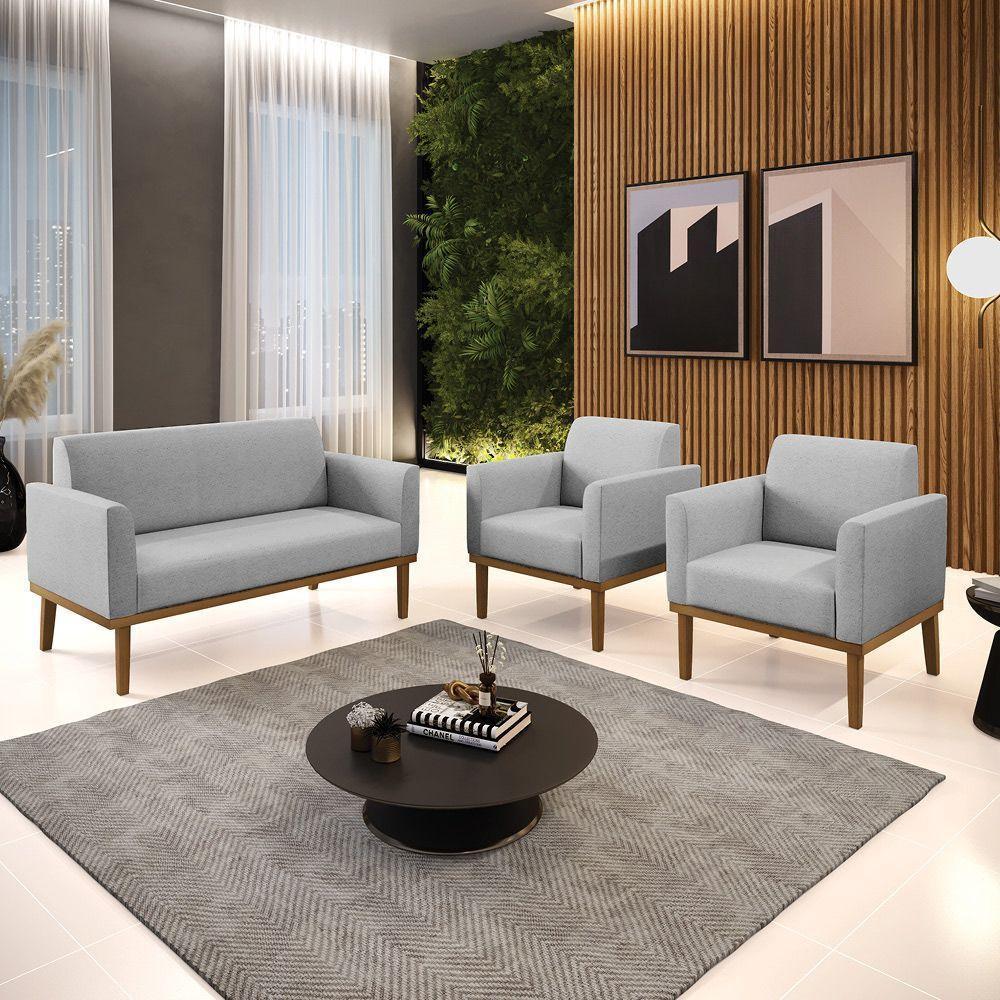 Conjunto 2 Poltronas E 1 Namoradeira Decorativa Pés Fixo Em Madeira Castanho Linho Cinza - 1