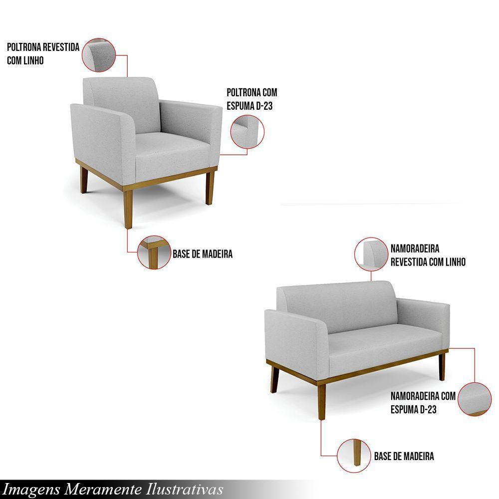 Conjunto 2 Poltronas E 1 Namoradeira Decorativa Pés Fixo Em Madeira Castanho Linho Cinza - 6