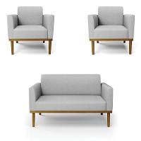 Conjunto 2 Poltronas E 1 Namoradeira Decorativa Pés Fixo Em Madeira Castanho Linho Cinza - 7