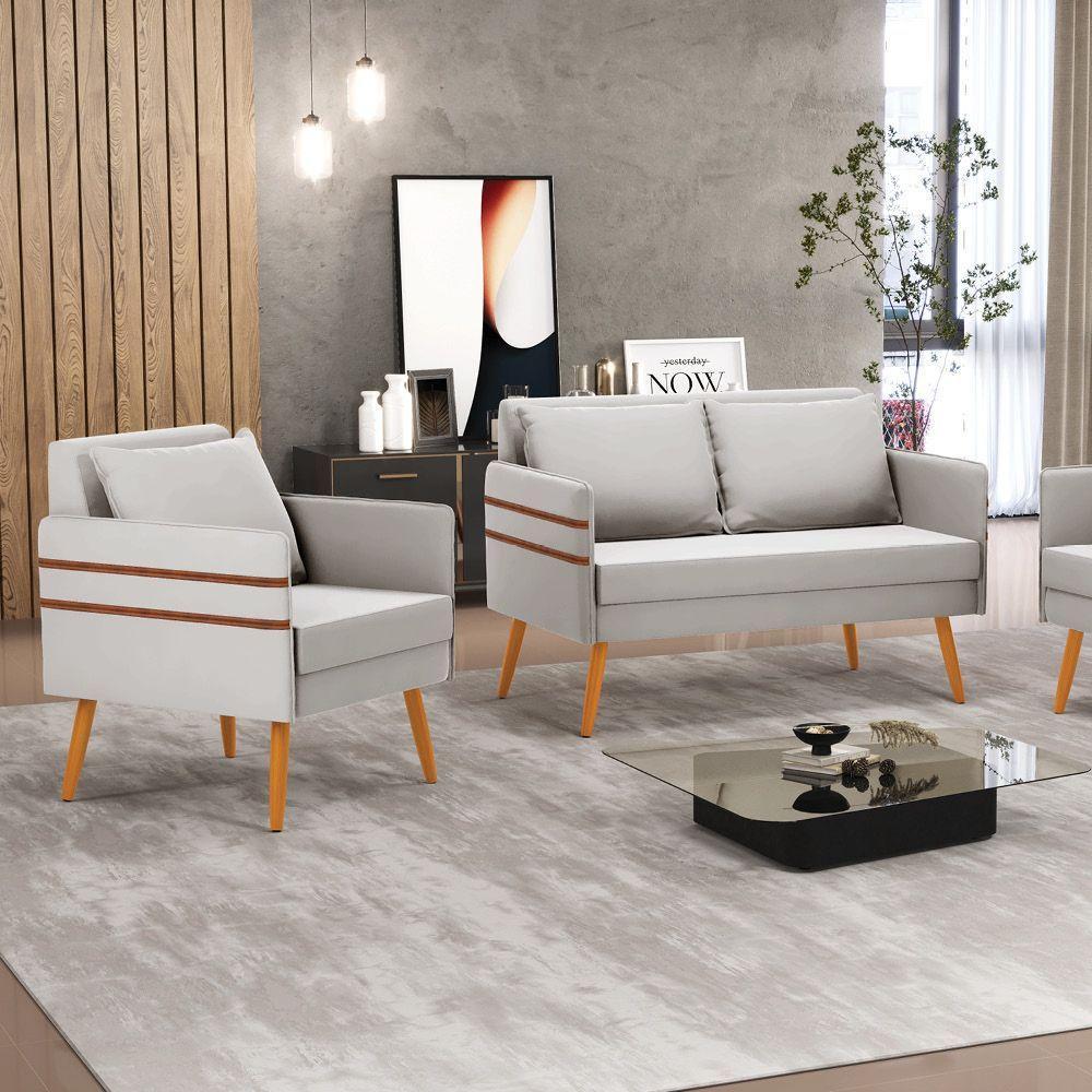 Kit 01 Namoradeira 02 Lugares E 01 Poltrona Cinza Castanho - 8