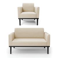 Conjunto Poltrona E Namoradeira Decorativa Pés Fixo Em Madeira Preto Suede Bege - 7