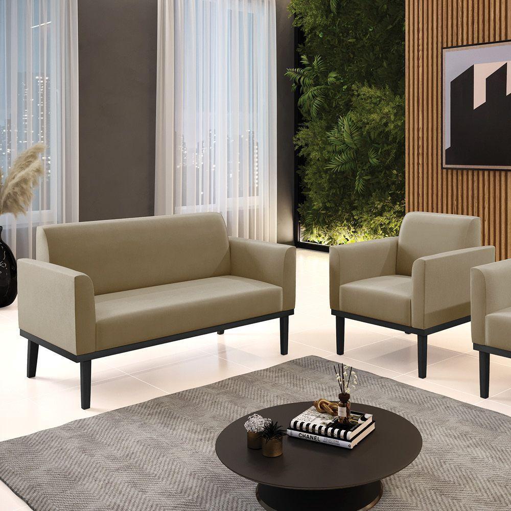 Conjunto Poltrona E Namoradeira Decorativa Pés Fixo Em Madeira Preto Suede Nude - 6