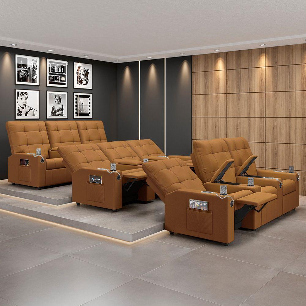 Poltrona Reclinável Para Cinema Parma 3 Lugares Baú Usb Pu Caramelo Fh1 - D'rossi - 5