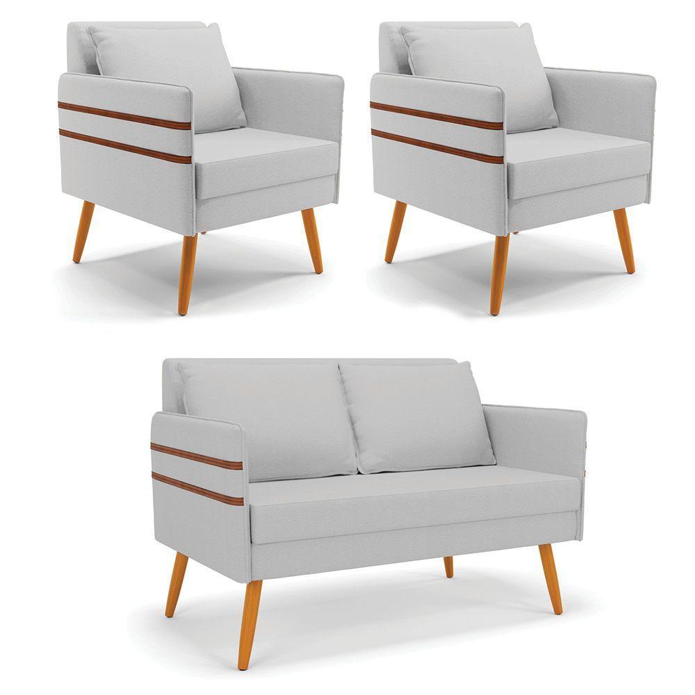 Kit 01 Namoradeira E 02 Poltronas Linho Cinza A05 Castanho - 1