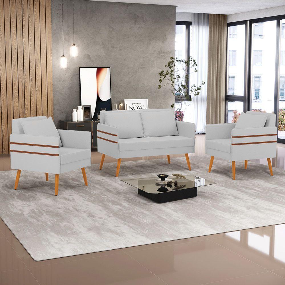 Kit 01 Namoradeira E 02 Poltronas Linho Cinza A05 Castanho - 6