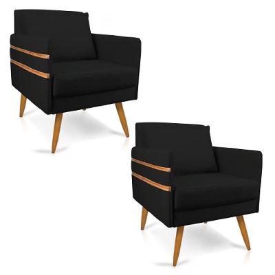 Kit 02 Poltronas Mari Suede Preto Pés Palito Castanho