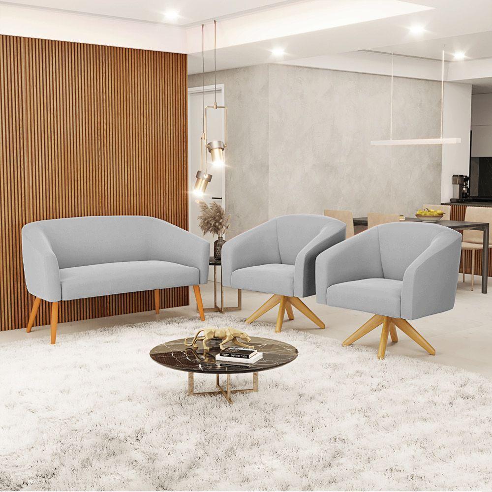 Kit 1 Namoradeira E 2 Poltronas Base Madeira Cinza - 8