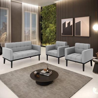 Conjunto 2 Poltronas E 1 Namoradeira Decorativa Pés Fixo Em Madeira Preto Suede Cinza
