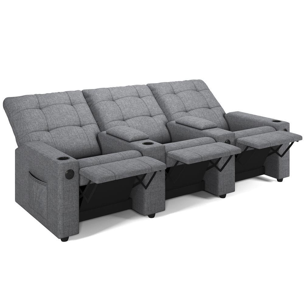 Poltrona Reclinável Para Cinema Parma 3 Lugares Baú Usb Linho Fh1 - D'rossi Cor Cinza - 3