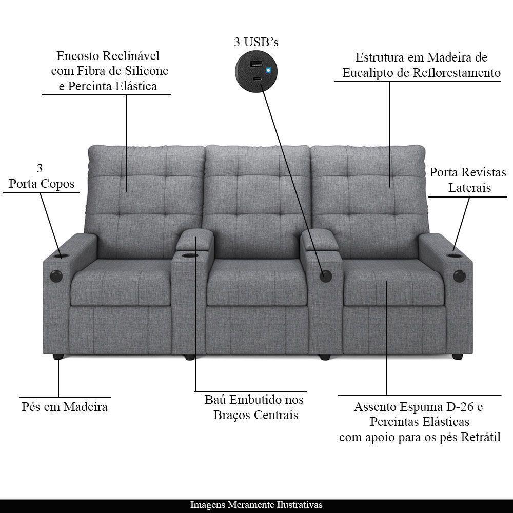 Poltrona Reclinável Para Cinema Parma 3 Lugares Baú Usb Linho Fh1 - D'rossi Cor Cinza - 7