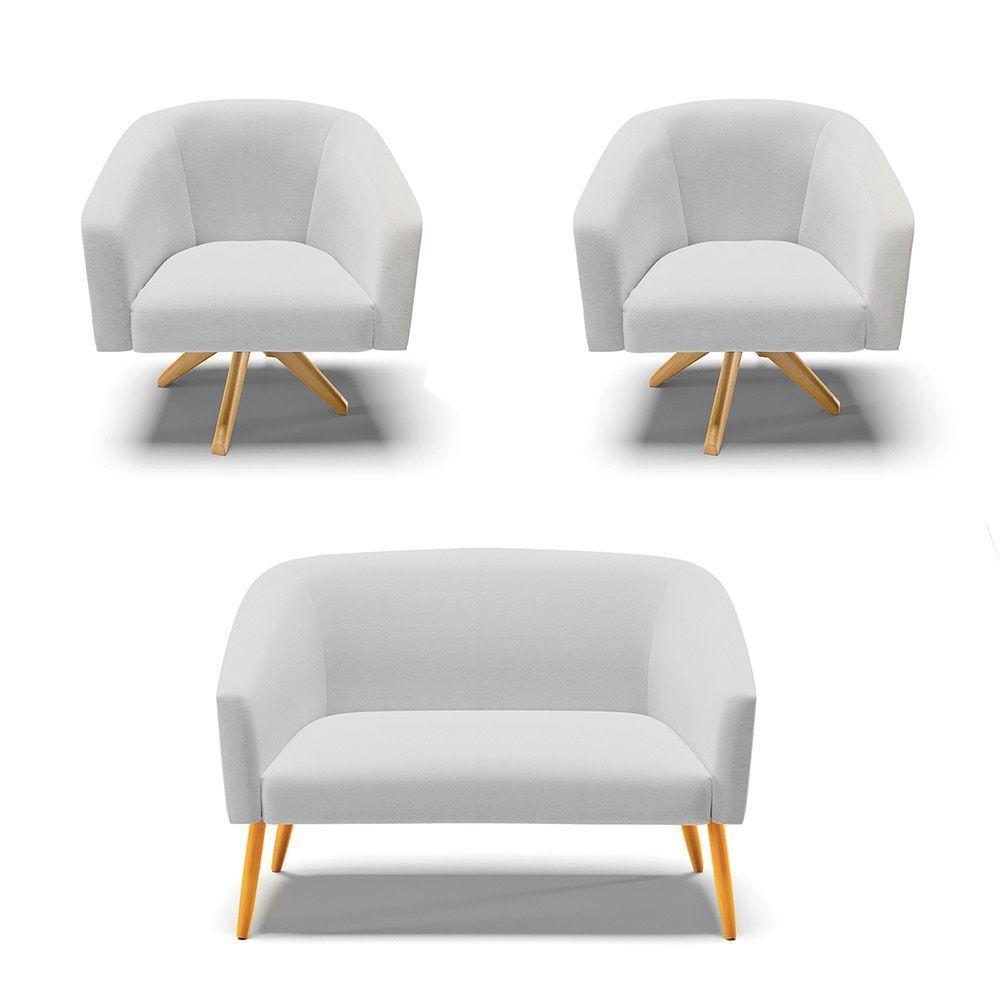 Kit 1 Namoradeira E 2 Poltronas Base Madeira A05 Cinza - 1