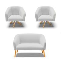 Kit 1 Namoradeira E 2 Poltronas Base Madeira A05 Cinza - 1