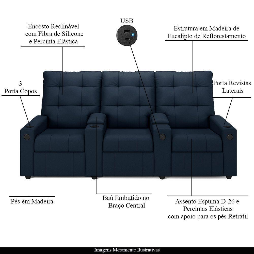 Poltrona Reclinável Para Cinema Parma 3 Lugares Baú Usb Veludo Fh1 - D'rossi Cor Azul - 7
