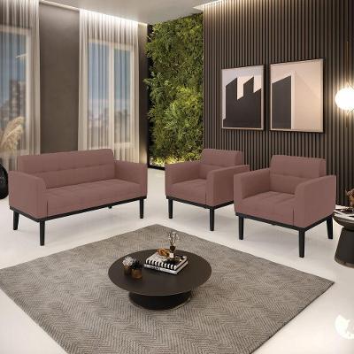 Conjunto 2 Poltronas E 1 Namoradeira Decorativa Pés Fixo Em Madeira Preto Veludo Rose