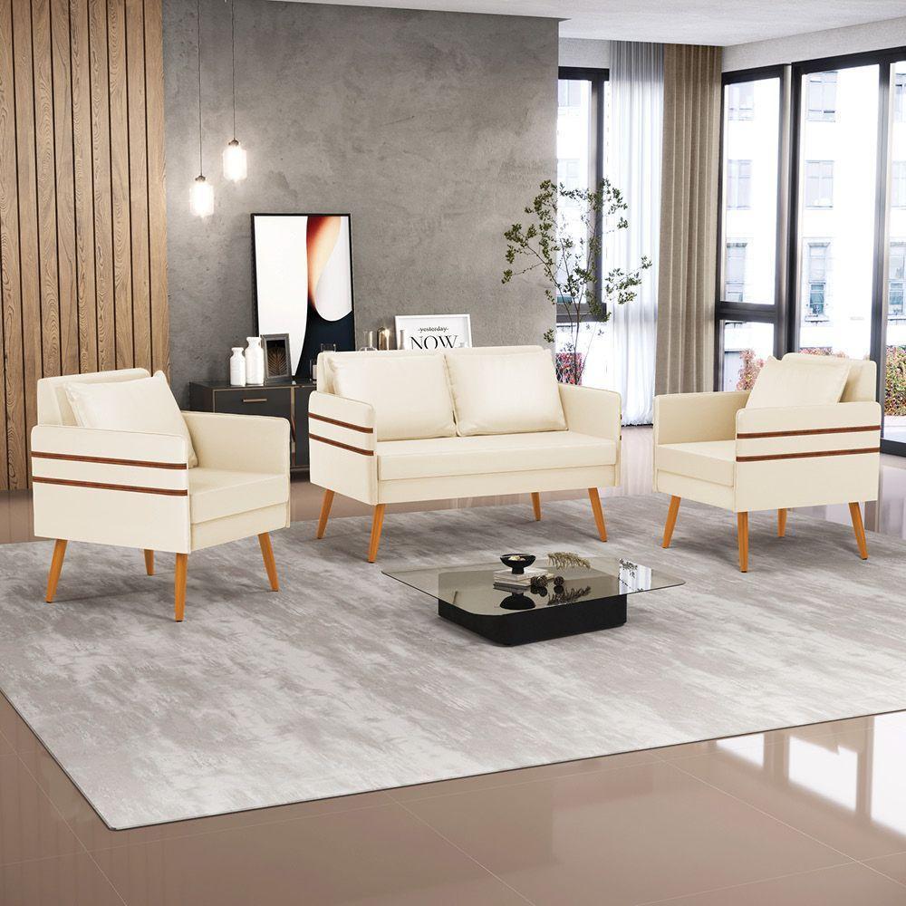 Kit 01 Namoradeira E 02 Poltronas Corino Bege Castanho - 8