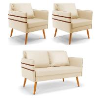 Kit 01 Namoradeira E 02 Poltronas Corino Bege Castanho - 1