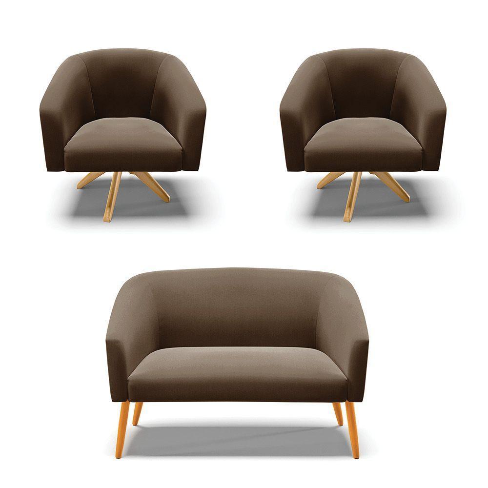 Kit 1 Namoradeira E 2 Poltronas Base Madeira Marrom - 1