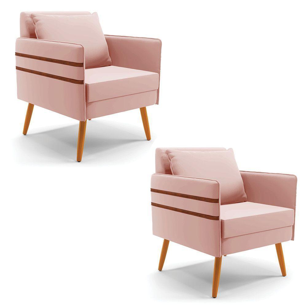 Kit 01 Namoradeira 02 Lugares E 02 Poltronas Mari Veludo Rosê Pés Palito Castanho - D'rossi - 7