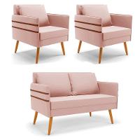 Kit 01 Namoradeira 02 Lugares E 02 Poltronas Mari Veludo Rosê Pés Palito Castanho - D'rossi - 2