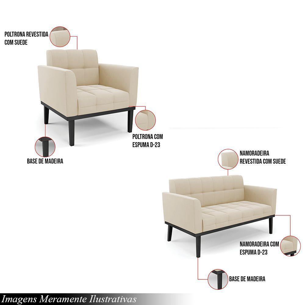 Conjunto Poltrona E Namoradeira Decorativa Pés Fixo Em Madeira Preto Suede Bege - 6