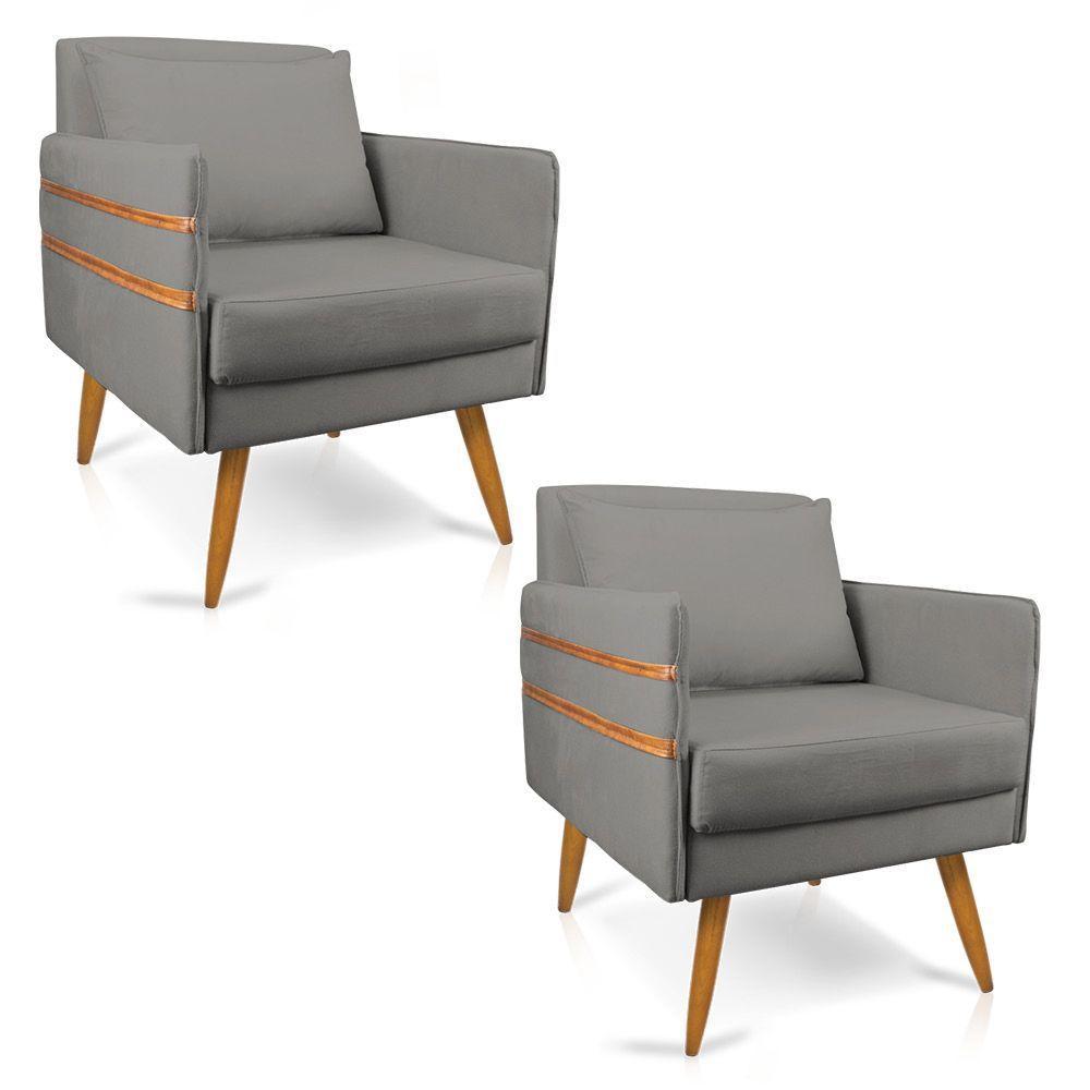 Kit 02 Poltronas Mari Suede Grafite Pés Palito Castanho - 1