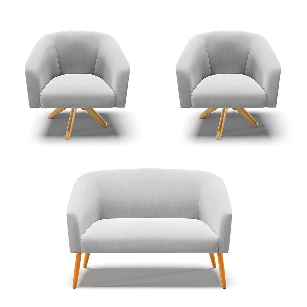 Kit 1 Namoradeira E 2 Poltronas Cinza Base Madeira - 1