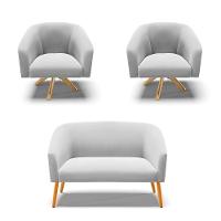 Kit 1 Namoradeira E 2 Poltronas Cinza Base Madeira - 1