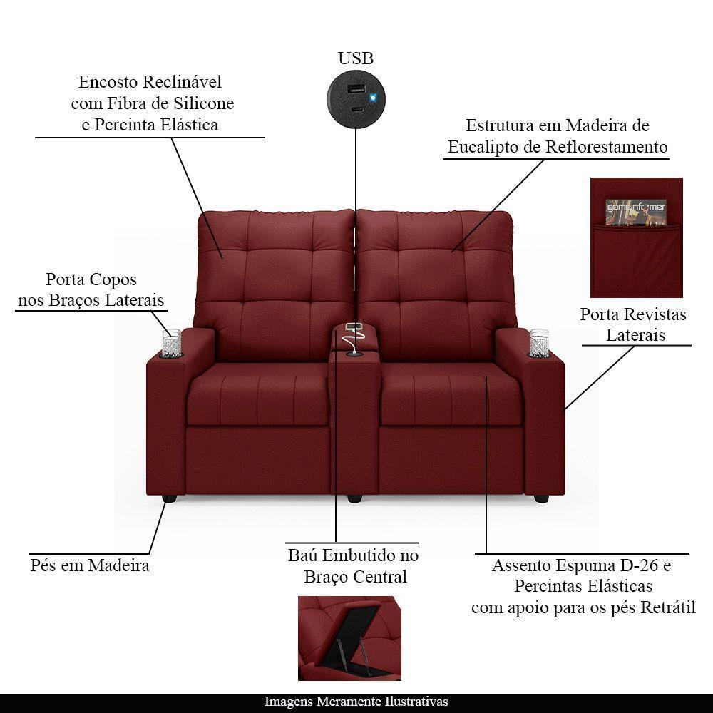 Poltrona Reclinável Para Cinema Parma 2 Lugares Baú Usb Veludo Vermelho Fh1 - D'rossi - 6
