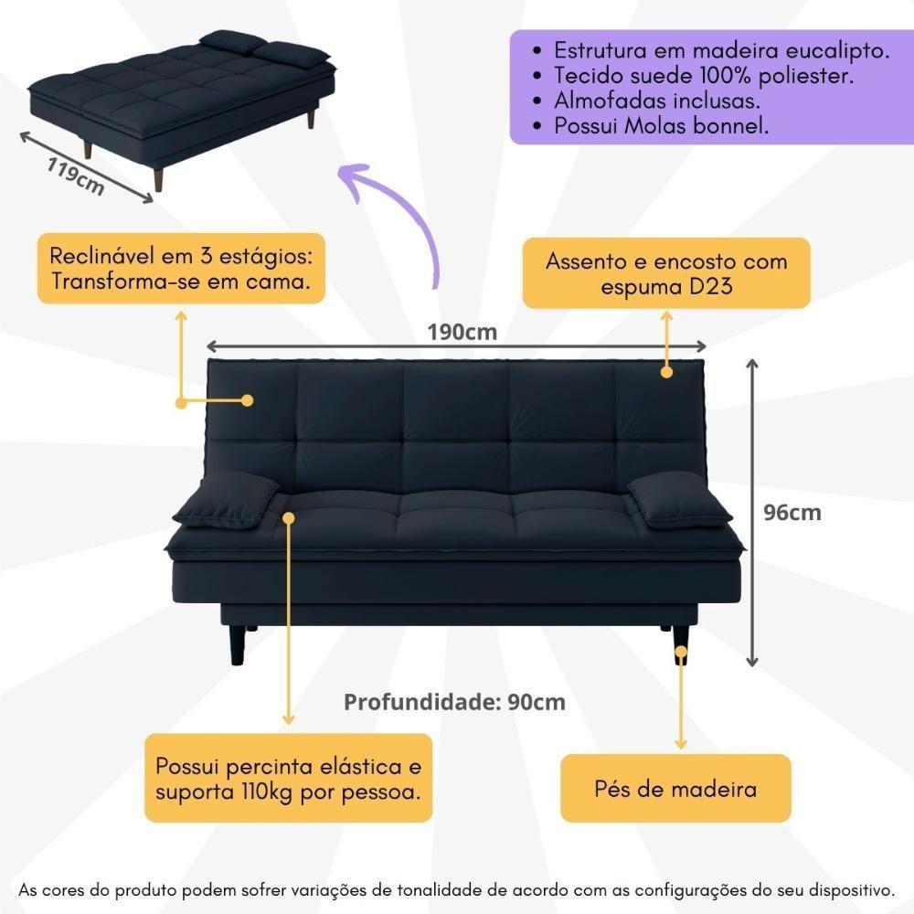 Sofá Cama Reclinável Com 2 Almofadas Inclusas Multimóveis Cr45238 Azul Azul - 4