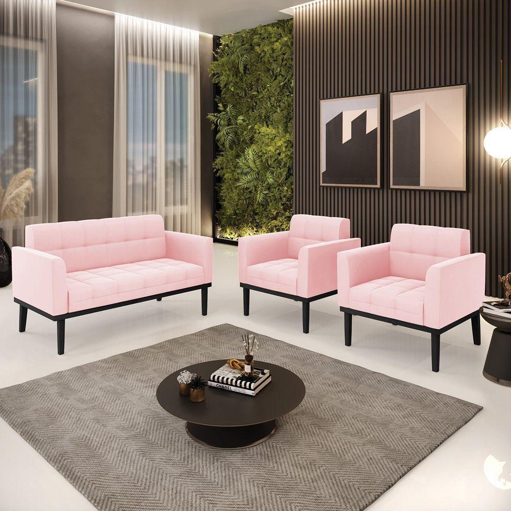 Conjunto 2 Poltronas E 1 Namoradeira Decorativa Pés Fixo Em Madeira Preto Suede Rosa Bebê - 6