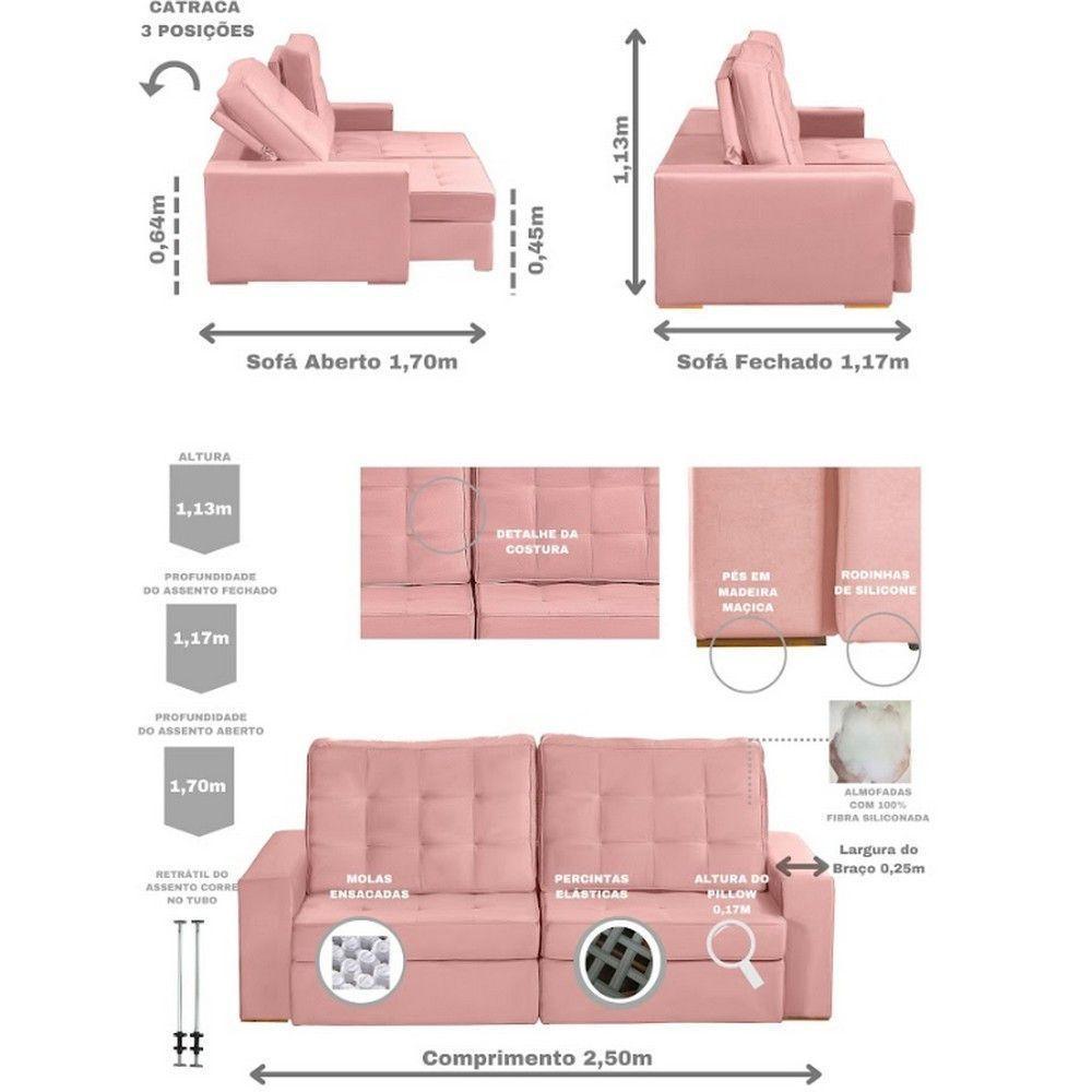 Sofá Modular 5 Lugares 2.50M Retrátil E Reclinável Rose - 9