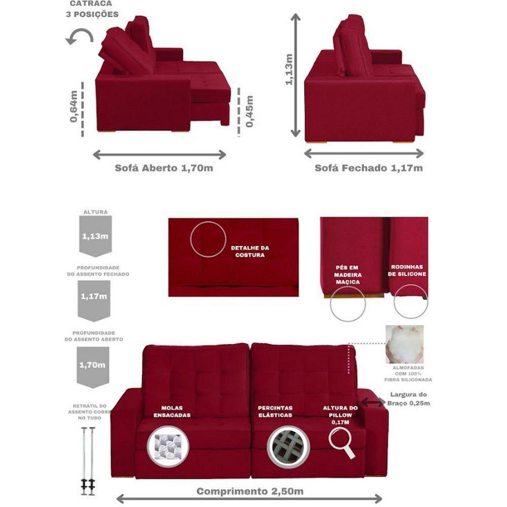 Sofá Modular 5 Lugares 2.50M Retrátil E Reclinável Vermelho - 9