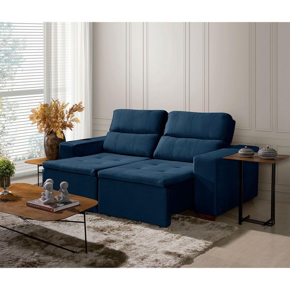 Sofá 3 Lugares 195cm Com Molas, Retrátil E Reclinável Azul - 1