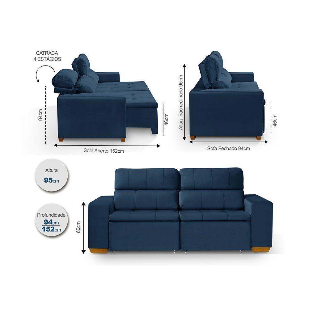 Sofá 3 Lugares 195cm Com Molas, Retrátil E Reclinável Azul - 5