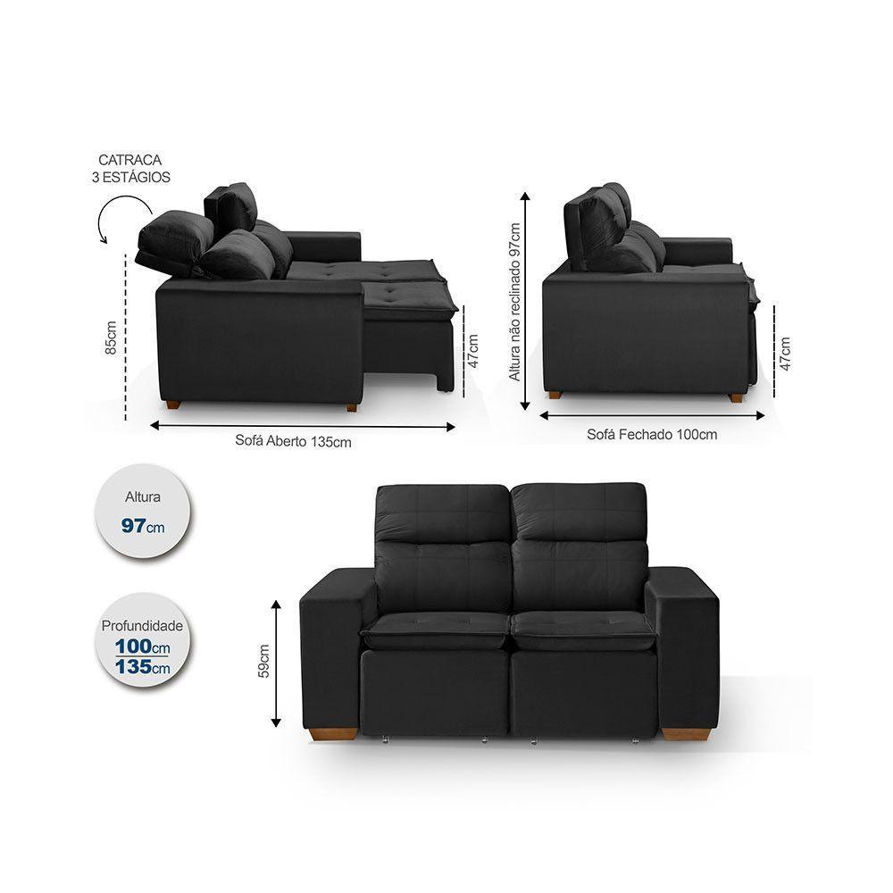 Sofá 2 Lugares 150cm Com Molas, Retrátil E Reclinável Preto - 4