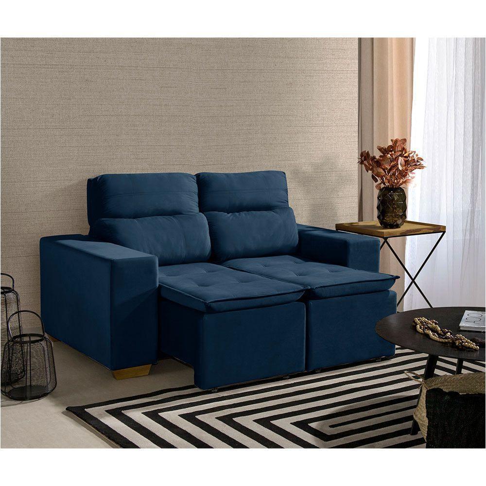 Sofá 2 Lugares 150cm Com Molas, Retrátil E Reclinável Azul - 1