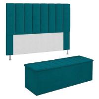 Kit Cabeceira + Calçadeira Baú Solteiro 90cm Azul Turquesa - 1