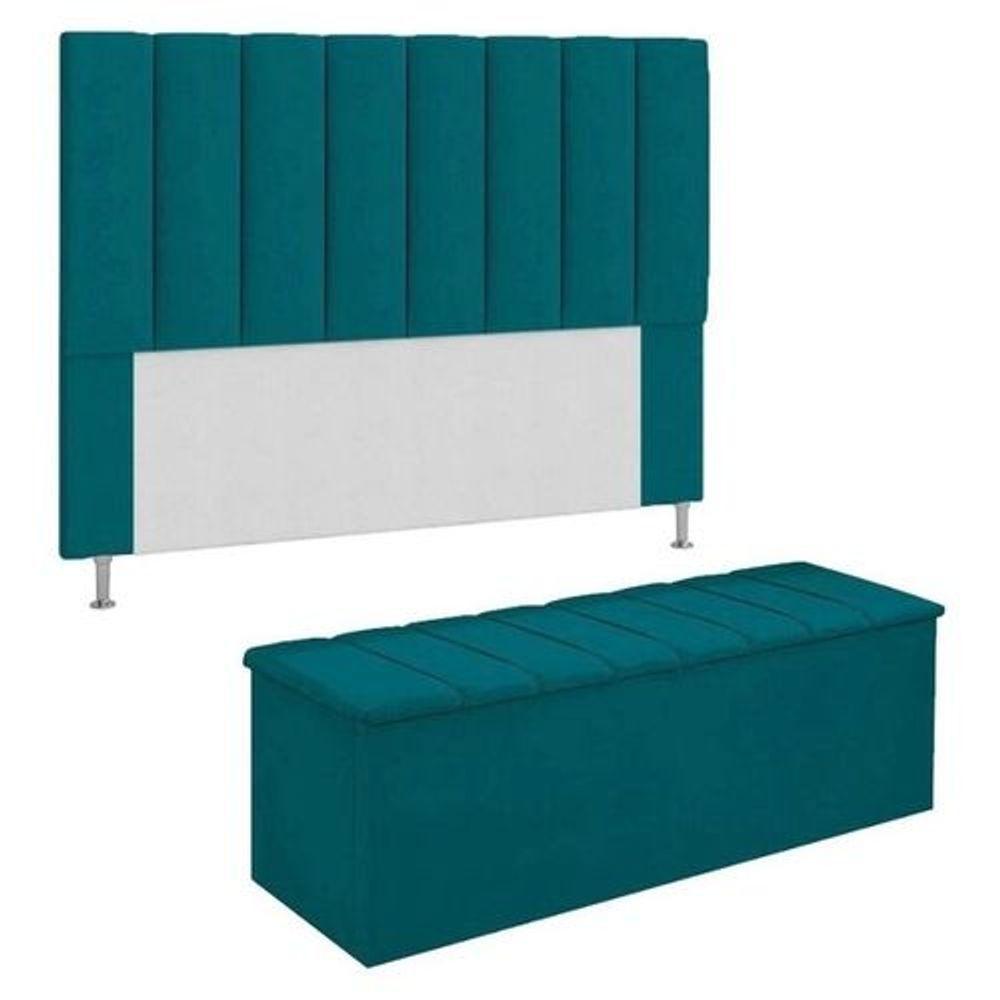 Kit Cabeceira + Calçadeira Baú King 195cm Azul Turquesa - 1