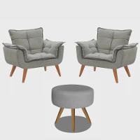 Kit 2 Poltronas Opalas Com Puff Redondo Suede Cinza - 1