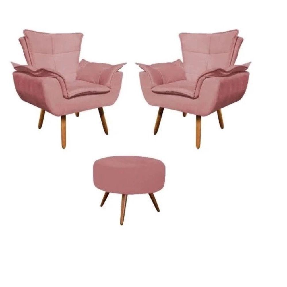 Kit 2 Poltronas Opalas Com Puff Redondo Suede Rose - 1