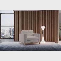 Poltrona Living Tecido Linho Base Madeira Para Sala - 3