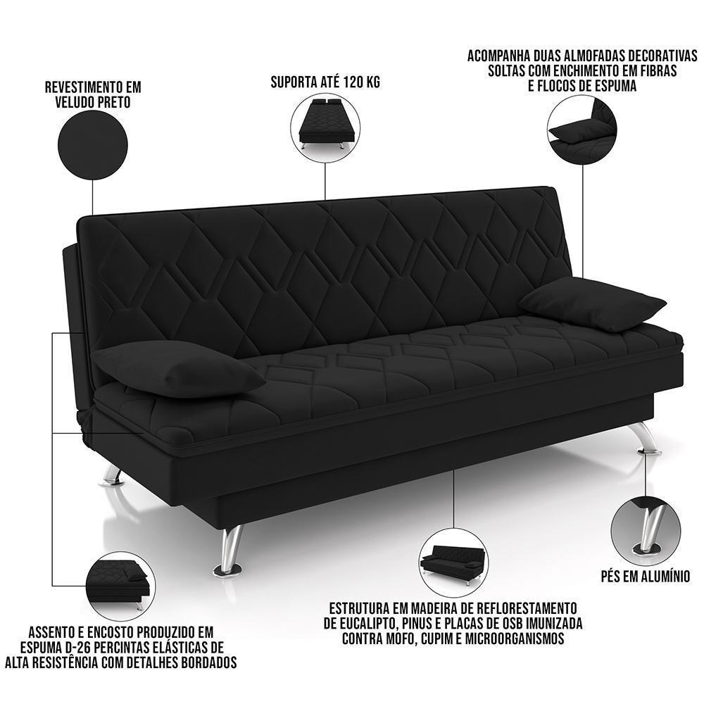 Sofá Cama Para Sala De Estar Quarto 193cm Lia M03 Veludo Preto - Lyam Decor - 7