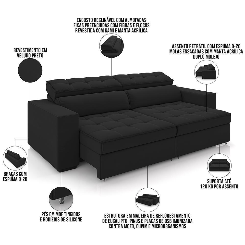 Sofá Retrátil Reclinável Para Sala De Estar Living 218cm Clara M03 Veludo Preto - Lyam Decor - 7