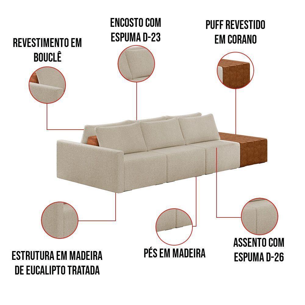 Sofá Ilha 3 Lugares Living 402cm Modulado Para Sala Lary Bouclê K01 - D'rossi Cor Bege - 5
