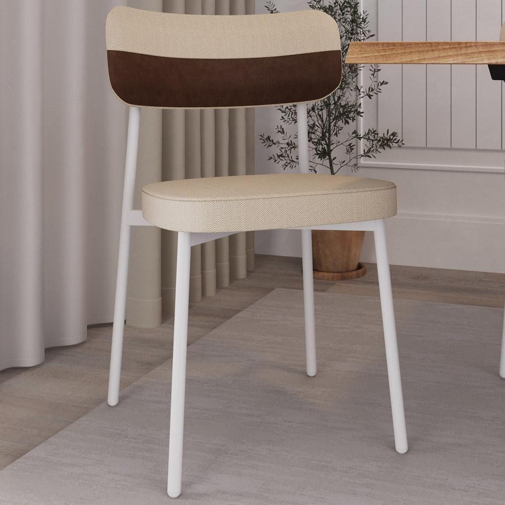 Kit 08 Cadeiras Estofada Para Sala De Jantar Astrid Branco C01 Linho Areia Courino Whisky - Lyam Decor - 6