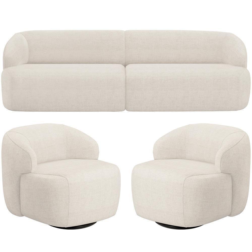 Sofá 3 Lugares Curvo Orgânico Com 02 Poltronas Living 220cm Barolo L06 Linho Mescla - 1