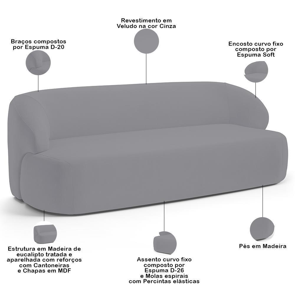 Sofá 2 Lugares Curvo Orgânico Living 150cm Barolo L06 Veludo Cinza - 7