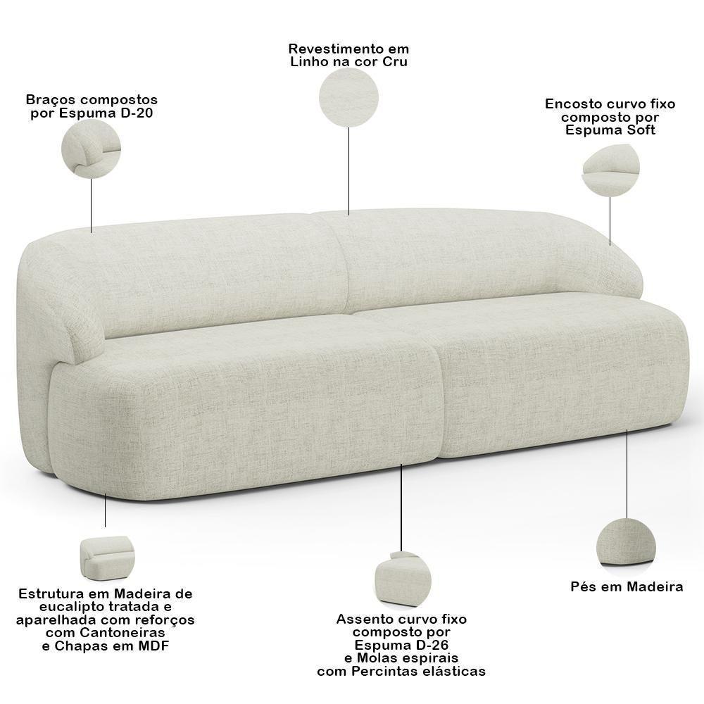 Sofá 4 Lugares Curvo Orgânico Com 02 Poltronas Living 280cm Barolo L06 Linho Cru - 6