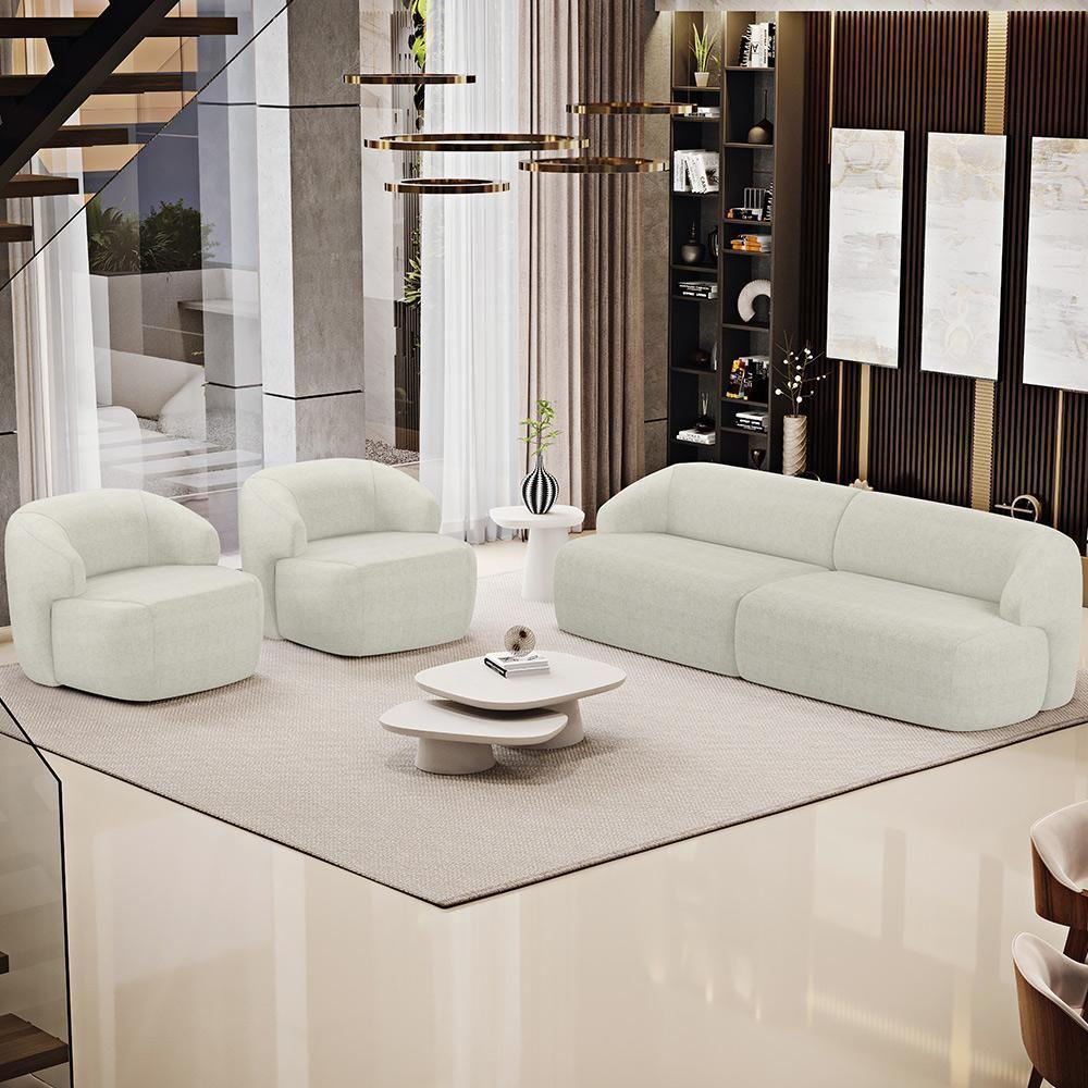 Sofá 4 Lugares Curvo Orgânico Com 02 Poltronas Living 280cm Barolo L06 Linho Cru - 8