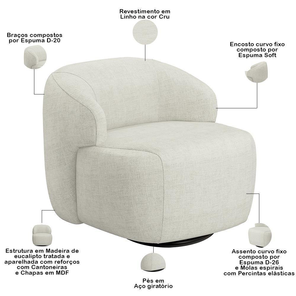 Sofá 4 Lugares Curvo Orgânico Com 02 Poltronas Living 280cm Barolo L06 Linho Cru - 9
